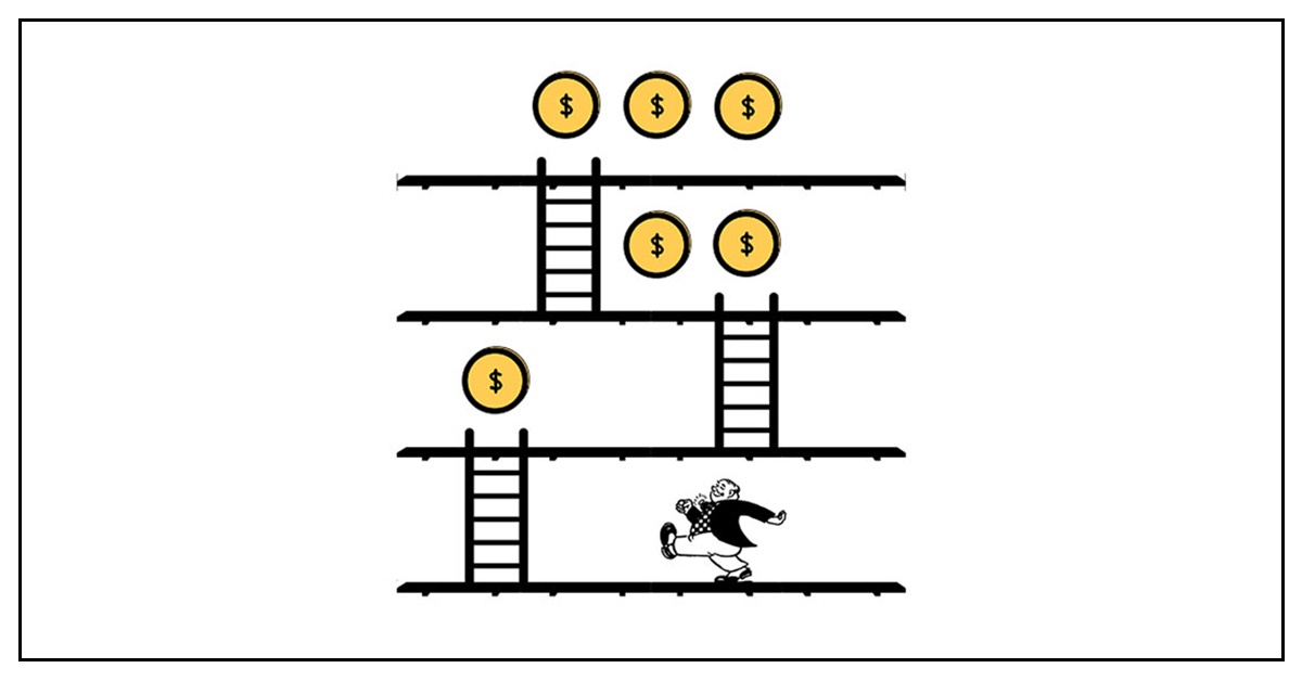 Illustration of a man collecting coins as he goes up ladders to signify gamification