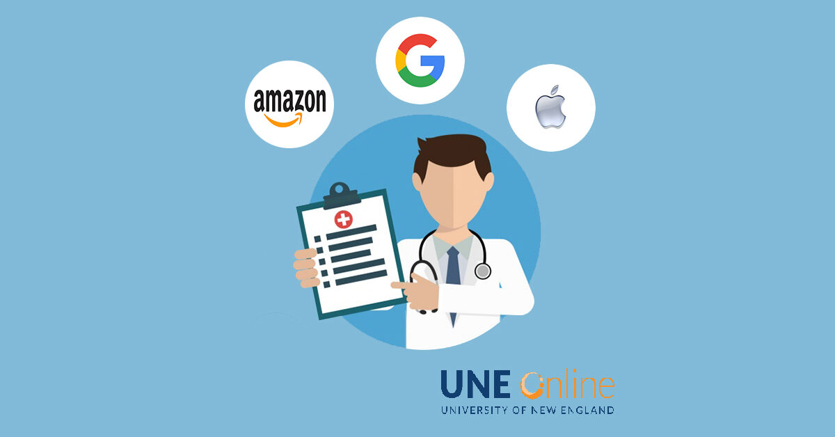 Illustration of a doctor pointing to a clipboard with several logos around his head such as Amazon, Google, and Apple to depict healthcare tech