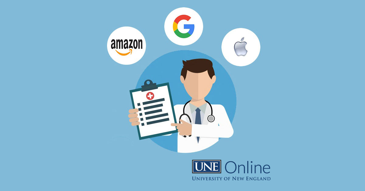 Illustration of a doctor pointing to a clipboard with several logos around his head such as Amazon, Google, and Apple to depict healthcare tech