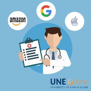 Illustration of a doctor pointing to a clipboard with several logos around his head such as Amazon, Google, and Apple to depict healthcare tech