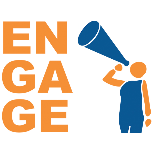 Figure with bullhorn next to bold text: "Engage" to signify that instructors should incorporate currents events in their lessons