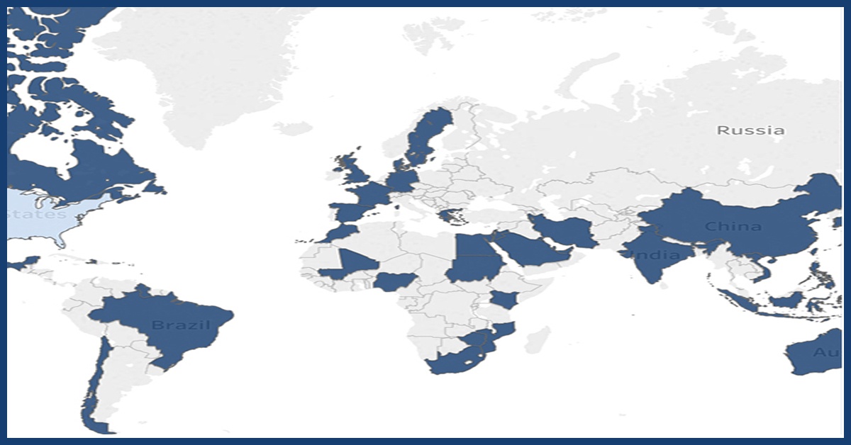 A portion of a map that highlight countries in which students are taking online courses at UNE Online