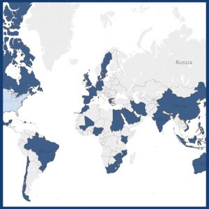A portion of a map that highlight countries in which students are taking online courses at UNE Online