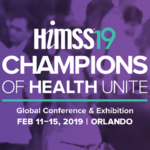 Title card for HIMSS 2019 Conference with purple, blue, and white text