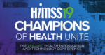 Title card for HIMSS 2019 Conference with purple, blue, and white text