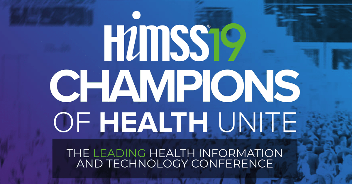 Title card for HIMSS 2019 Conference with purple, blue, and white text