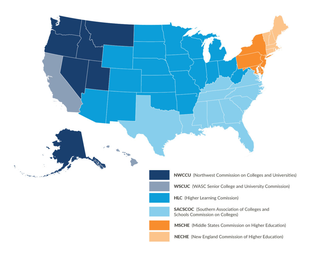 Color-coded map showing regional accreditation in the United States