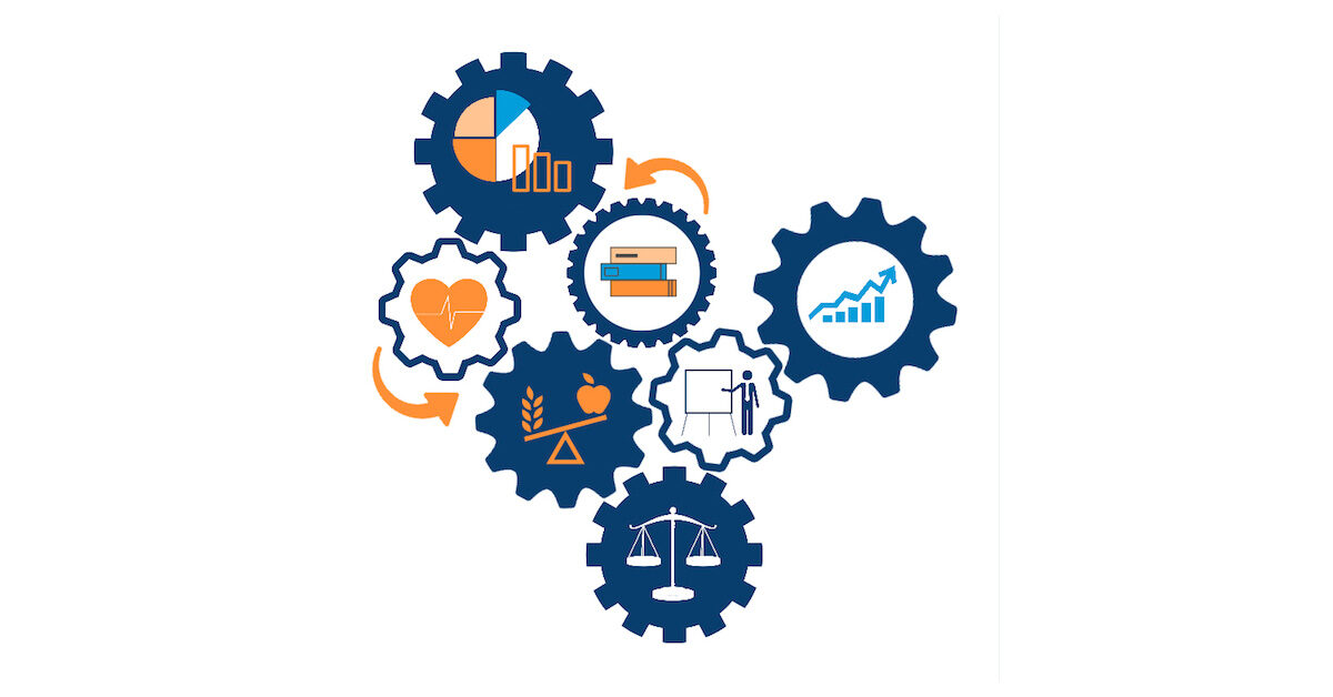 A series of illustrated, intertwined gears to depict how How our online, interprofessional public policy course works