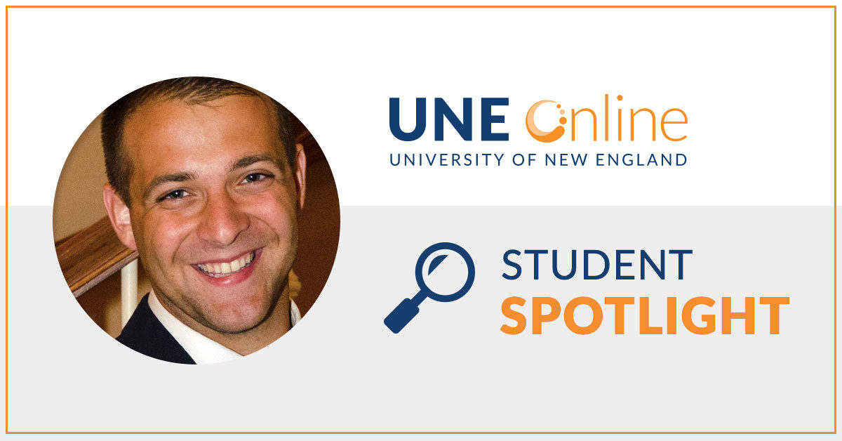 Headshot of Justin Kenney, who transitioned from music school to medical school by taking online prerequisite courses through UNE Online.