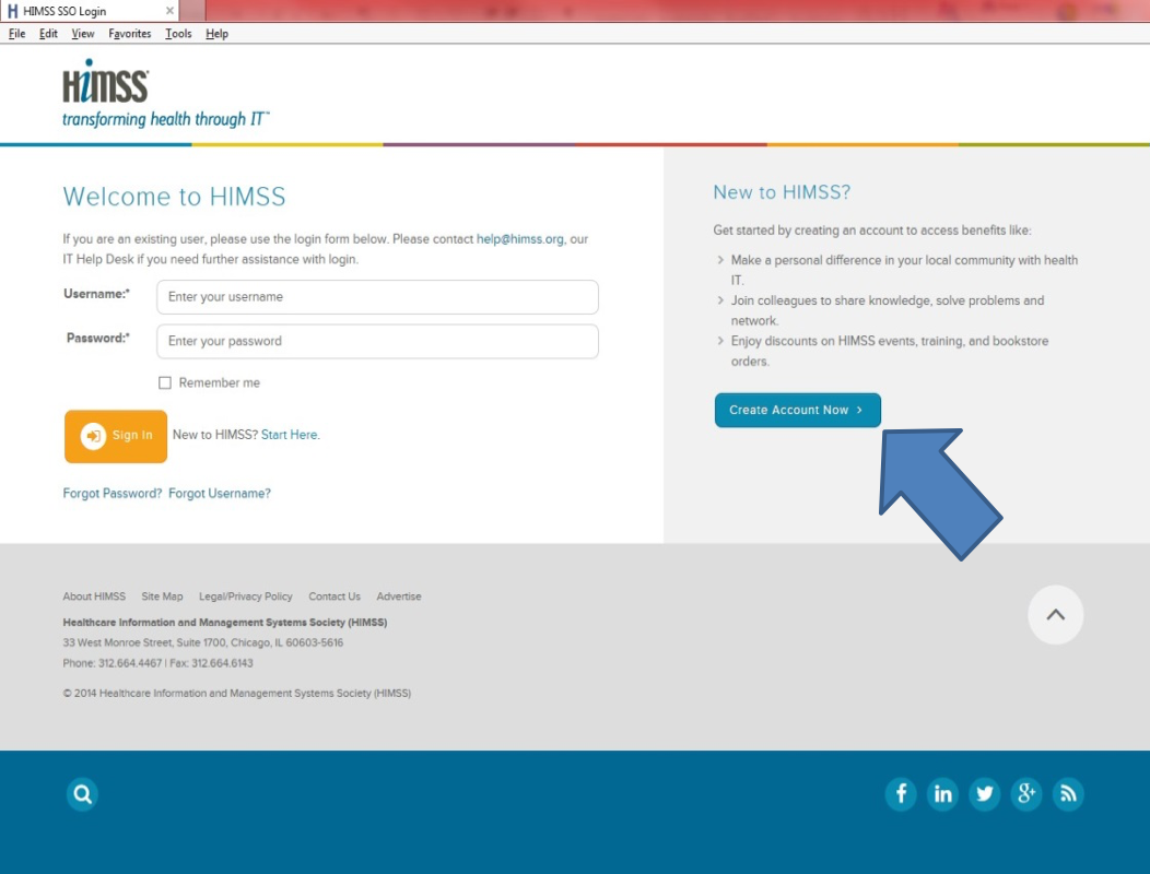 On the Welcome to HIMSS page, click on “Create Account Now.”