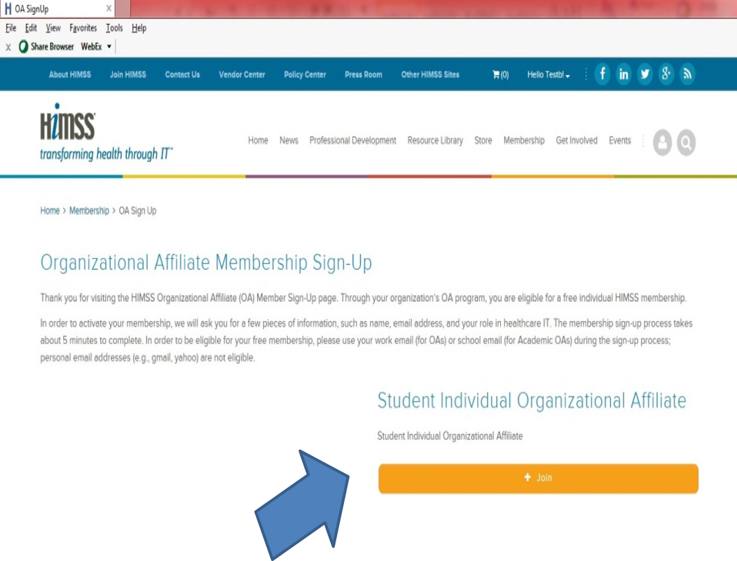 On the Organizational Affiliate Membership Sign-Up page, click Join