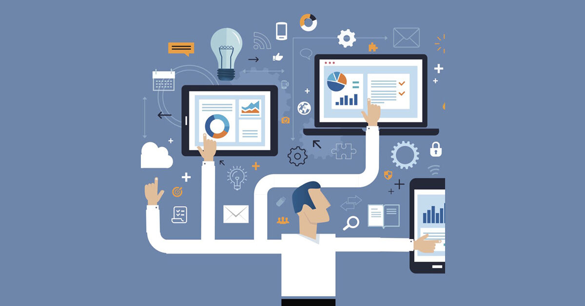 Illustration of man with many arms pointing to various electronics to depict a Health Informatics Job Description