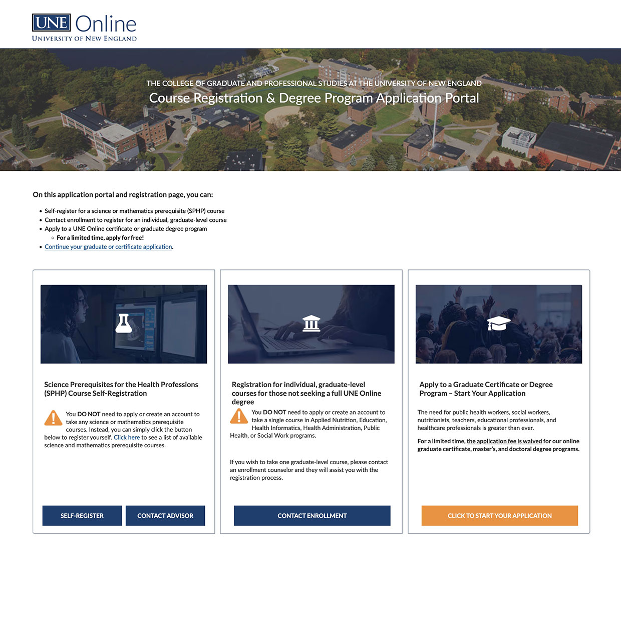 Application page for UNE Online graduate programs