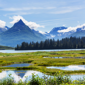 Beautiful lake view with mountains in the distance