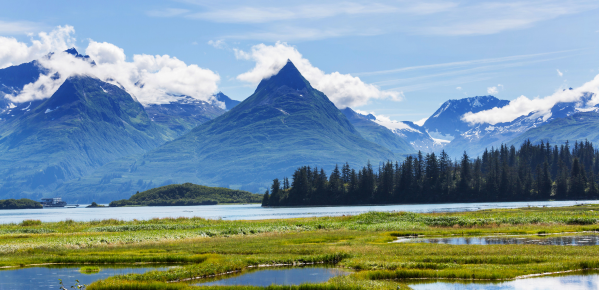 Beautiful lake view with mountains in the distance