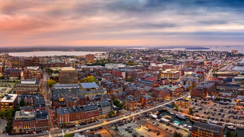 Aerial panorama of Portland, Maine at dusk