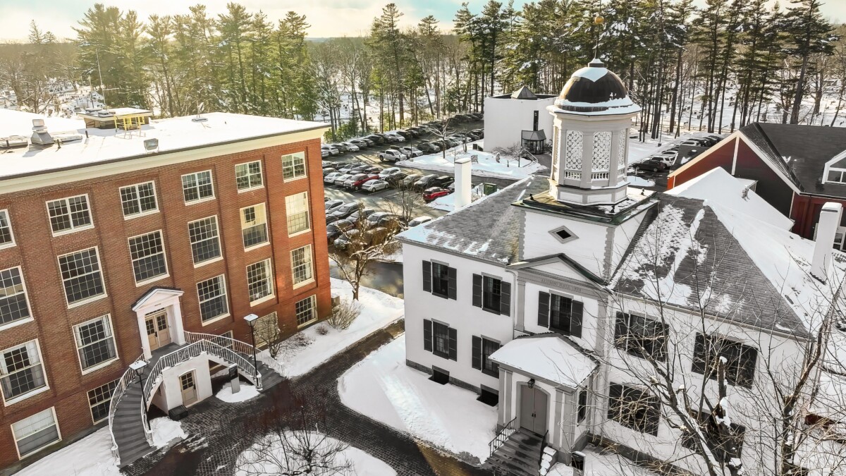 Snowy campus buildings