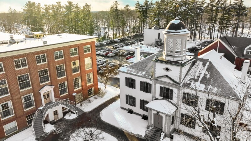 Snowy campus buildings